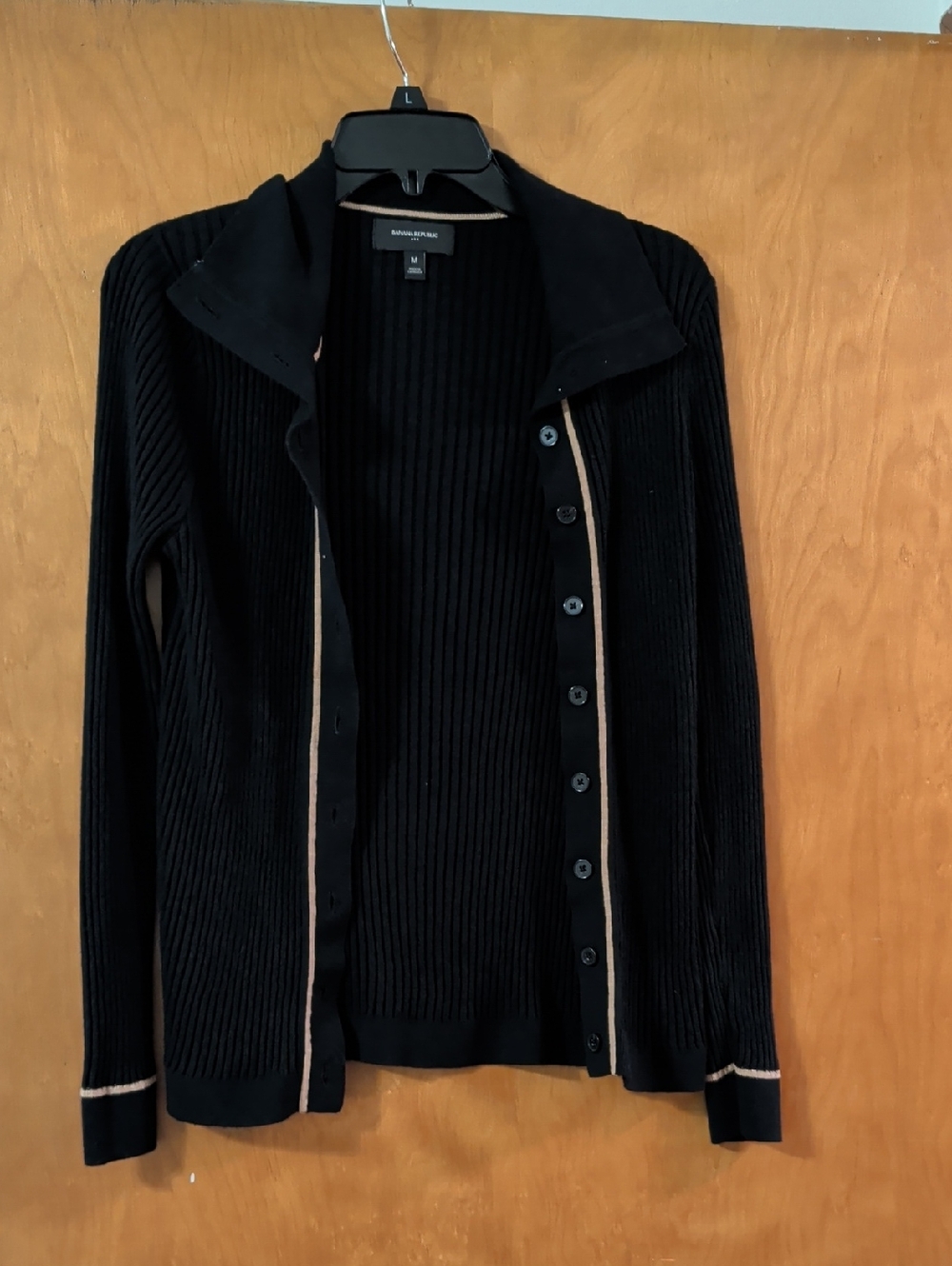 Banana Republic Black Ribbed Button-Front Cardigan with Cream Trim